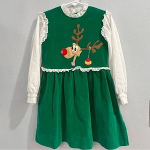 PRICE REDUCED!! Velveteen Dress Appliquéd Reindeer White Eyelet Long Sleeve